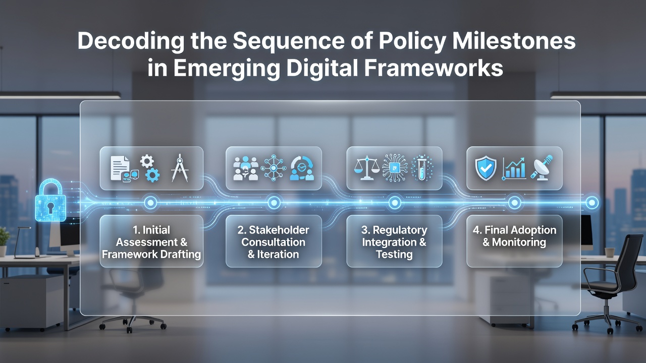 Timeline graphic showing key policy milestones in digital regulation from 2018 to 2026